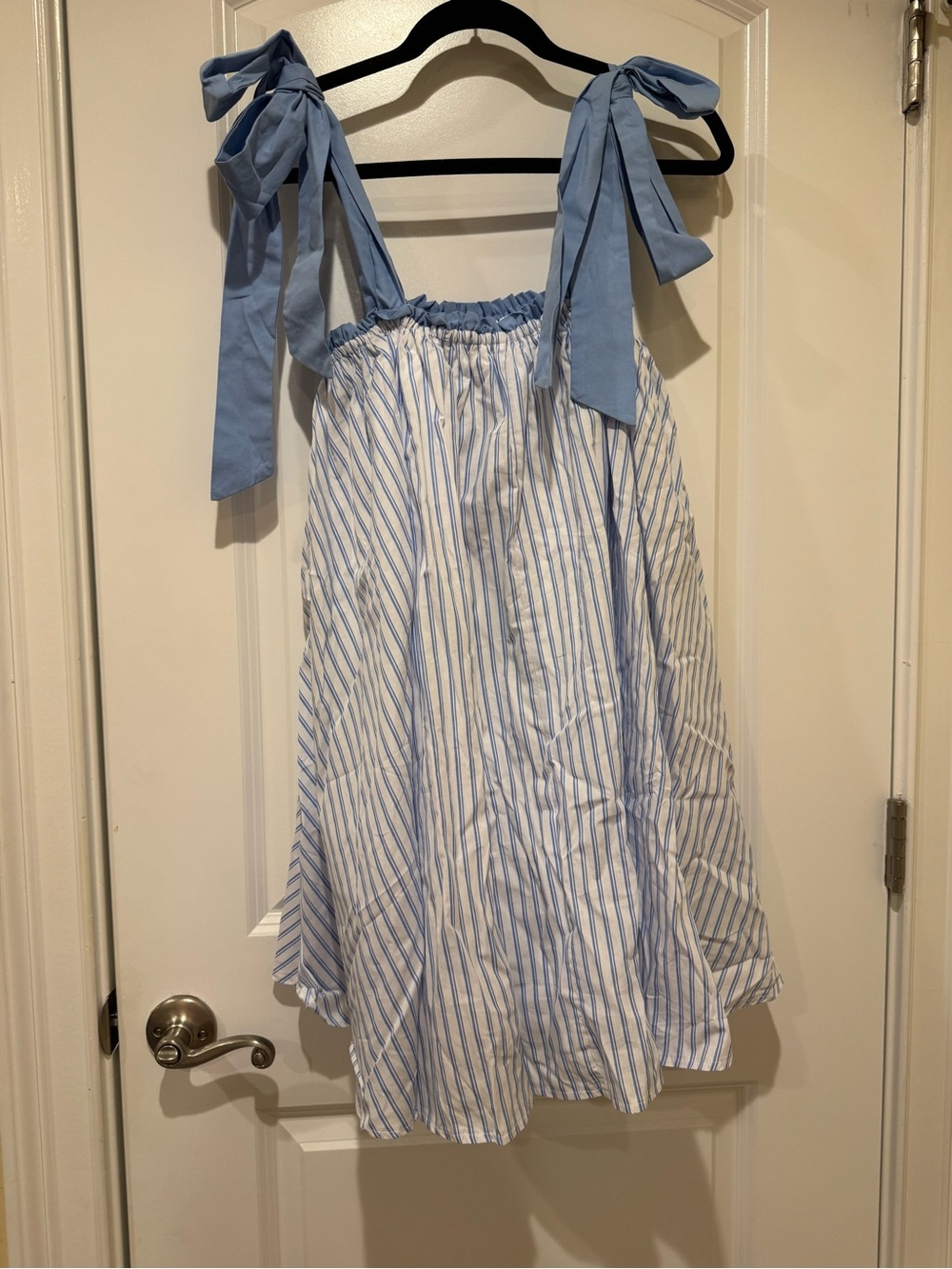 MABLE Light Blue and White Striped Mini Dress with Tie Straps